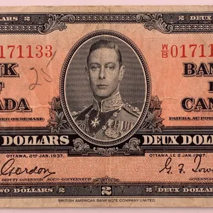 Canada 1937 $2 Bank of Canada Banknote Serial WB0171133