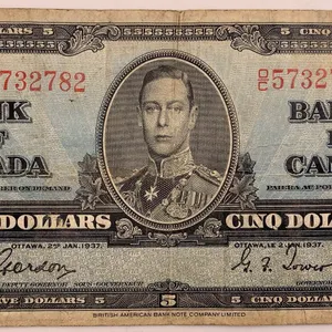 Canada 1937 $5 Bank of Canada Note – Serial OC5732782