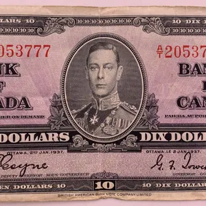 Canada 1937 $10 Bank of Canada Banknote Serial AT2053777