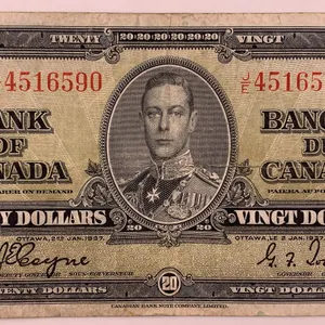 Canada 1937 $20 Bank of Canada Note – Serial JE4516590