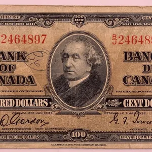 Canada 1937 $100 Bank of Canada Note – Serial BJ2464897