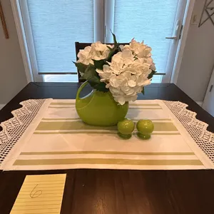 Green Pot, salt and pepper shakers, doiley