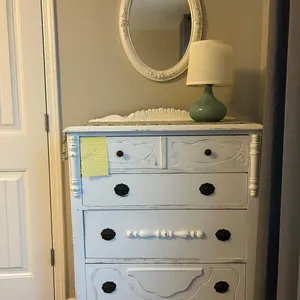 White Dresser 3'7" by 2' 5" with lamp, fabric, and oval mirror
