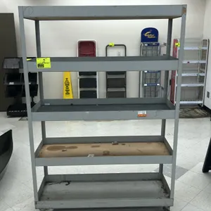 Metal multi-tier portable rack. Features 5-tier shelving design with gray metal frame construction, wooden shelf inserts, and black shelf liners. 48"x