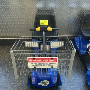 Mart Cart battery powered motorized shopping cart. Features a blue plastic body, textured black foot deck, front wire utility basket, and black molded