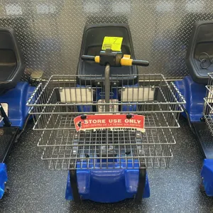 Mart Cart battery-powered electric shopping cart. Features a blue plastic body, front-mounted wire cargo basket, molded black plastic seat, and a stee