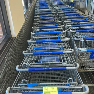Metal wire grocery shopping cart. Features a nesting design, blue plastic handle sleeve, integrated child seat with blue safety restraint strap, and a