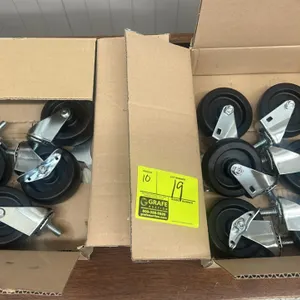 Lot of (10) heavy-duty swivel casters. Features (6) locking casters and (4) non-locking casters. Designed with black wheels and threaded stems for mou