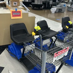 Mart Cart electric rideable grocery cart. Features a blue plastic shroud, front-mounted wire basket, black vinyl seat, and T-handle steering controls.