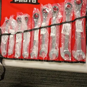 Proto JSCV-8S 8-piece reversible ratcheting combination wrench set. Features 12-point ratcheting box end and open end design. Includes sizes 5/16", 3/