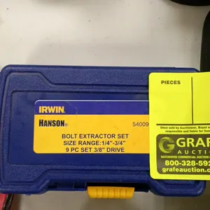 Irwin Hanson 54009 9-piece bolt extractor set. Features a size range of 1/4" to 3/4" with 3/8" drive. Housed in a blue plastic protective carrying cas