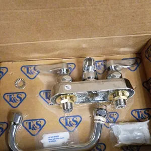 T&S Brass B-1100 workboard faucet. Features a deck-mounted chrome-plated brass body, dual lever handles, and a disassembled swing spout. Includes orig