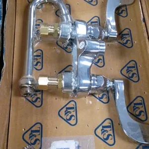 T&S Brass B-0892 medical faucet. Features a 4" deck mount, swivel/rigid gooseneck spout, 2.2 GPM aerator, and 4" wrist action handles. Chrome-plated b