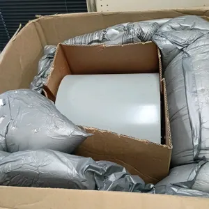 Centrifugal blower fan. Features a gray painted metal housing. Item is packaged in a cardboard box with protective foam padding. Brand, model, and ele