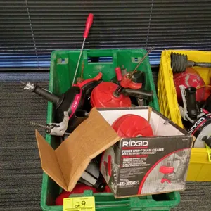 Assortment of hand-held drain cleaners. Includes RIDGID Power Spin+ drain cleaner with AutoFeed technology, Husky 25 ft. hand auger, and other assorte