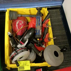 Assorted manual drain cleaning tools. Includes a RIDGID Kwik-Spin+ hand spinner, a Plung-It air-powered plunger, a 15' hand auger, and other various m