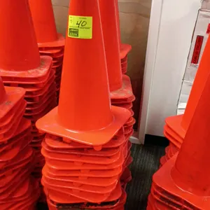 Traffic safety cone. Features orange PVC construction with a stable square base. Designed for stacking and high visibility.