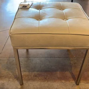EQ3 MADE IN CANADA BANK STOOL. BUTTON TUFTED DETAIL. GREY LEATHER WITH BRUSHED STAINLESS.
