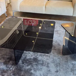 EQ3 VERRE SQUARE COFFEE TABLE IN GREY TEMPERED GLASS. 38" X 38" X 13",