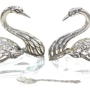 800 SILVER PAIR SWAN CRYSTAL SALT CELLARS & SPOON