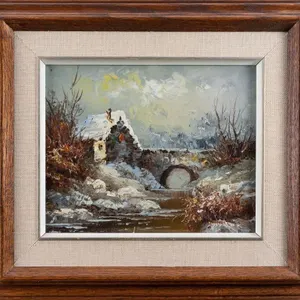 STONE CABIN IN WINTER SIGNED OIL ON CANVAS