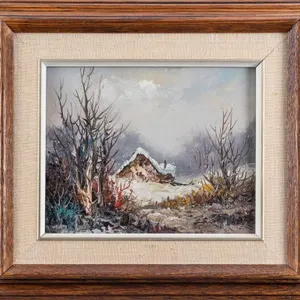 LOG CABIN IN WINTER OIL ON CANVAS