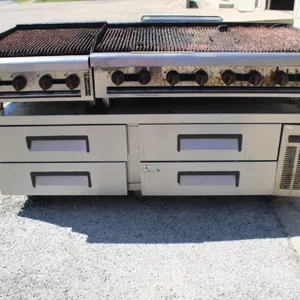 2 Venancio Charbroil Gas Grill Tops on an Advantco 4 Drawer Refrigerated Chef Base Model 178CBE72, Charbroilers Measure 48 x 33 x 15 and 24 x 33 x 15,