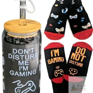 New Anotion Gamer Gifts : "Don't Disturb" Graphics Clear Borosilicate Drinking Glass Tunbler With Bamboo Lid, Glass Straw, Silicone Straw-Topper &