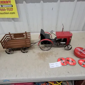 Miniature Vintage-Style Metal Farm Tractor with Wooden Slatted Wagon, Coca-Cola Tins and More