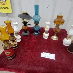 Collection of Vintage Miniature Oil Lamps with Amber and Milk Glass Chimneys and More