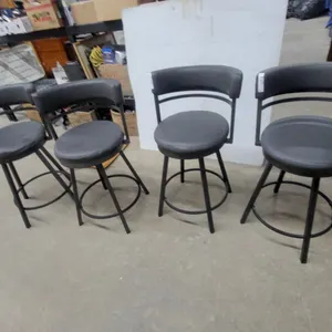 Set of Four Dark Grey Upholstered Swivel Bar Stools with Black Metal Frames and Curved Backrests