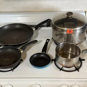 Assorted pots, pans, skillets