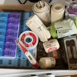 First aid supplies, prescription sorters, bandages