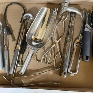 Kitchen utensils, scoops, tongs, tenderizer