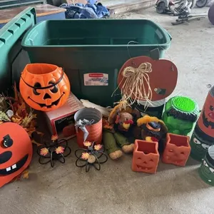 Tote of fall decorations, storage tote included