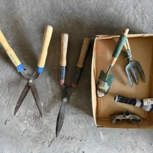 Gardening hand tools, hedge clippers, sprayer,