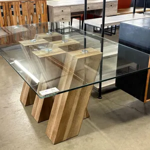Glass Top Dining Table With Solid Wood Geometric Base, 71" x 39"