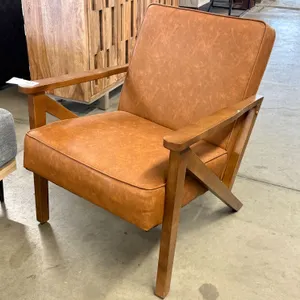 Mid-Century Style Faux Leather Armchair With Wooden Frame