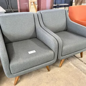 (2) Gray Upholstered Armchairs, Tapered Wood Legs, Mid-Century Modern Style