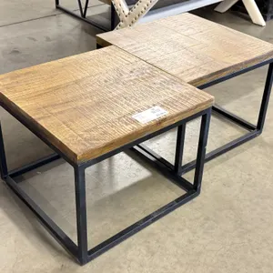 (2) Modern Square Wood and Metal Side Tables, 20in x 20in
