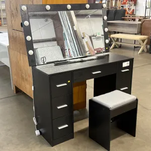 Wood Vanity Set With Lighted Mirror, Drawers, and Stool, 42" x 16"