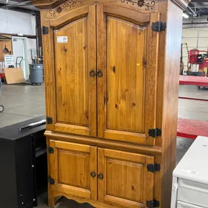 Wood Armoire With Floral Carved Accents, Two Upper And Two Lower Doors, 44” x 25” x 80”H