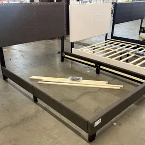 Upholstered Platform Bed Frame With Nailhead Trim Headboard, Gray Fabric, Overall Dimensions 81" x 56"