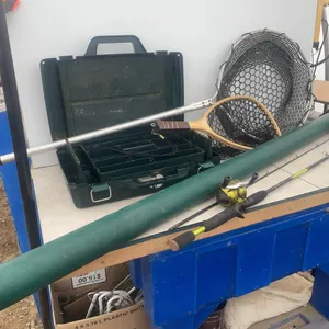 Fishing rod, fishing rod holder, tackle box and 2 dip nets
