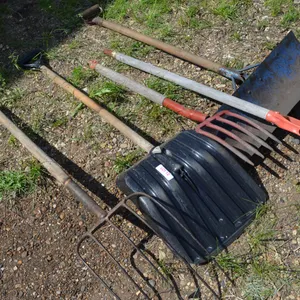 Pitch Fork, 2 Snow Shovels, 1 Handle, 1 Potato Fork
