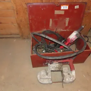 Lot - Job Box w/ Milwaukee 2" Die Grinder, Portable Hack Saw, Assort Cords  (Spruce Grove area).