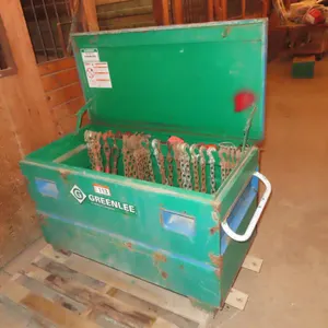 Lot - Greenlee Job Box w/ Boomers, Chains, Plate Clamp, Clevises, Road Flares (Spruce Grove area).