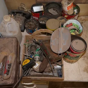 Misc Screws, Nails, Old Metal Tool Box, Rotary Phone
