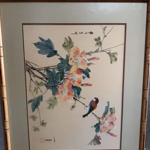 Framed Asian Floral and Bird Print 22x27in