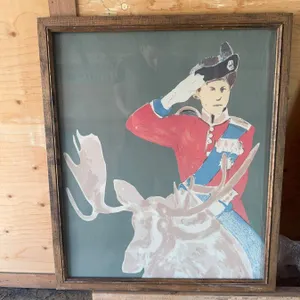 Framed Painting of Soldier on Moose
